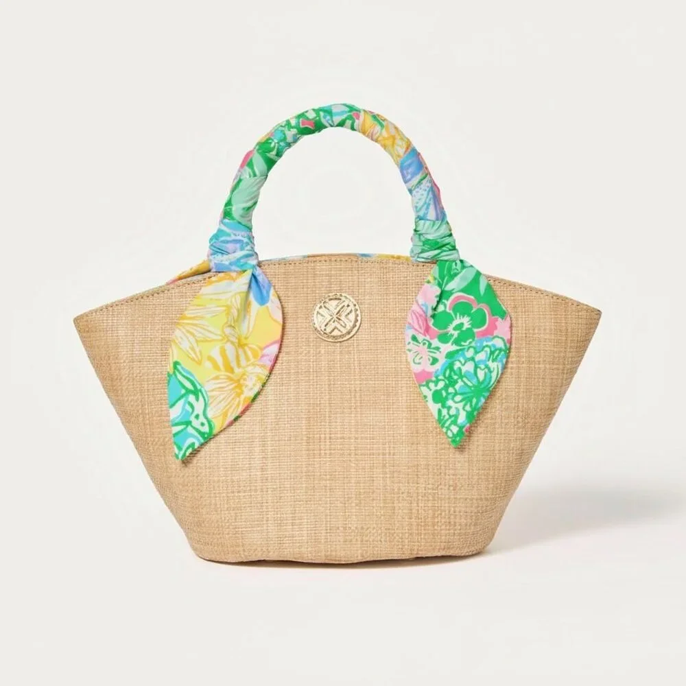 Lilly Pulitzer Maya Straw Tote Bag NWT $168 Raffia Scarf Handle - Picture 3 of 5